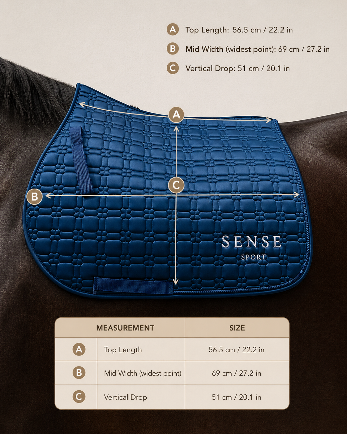 Sense Sport saddle pad size guide with measurements